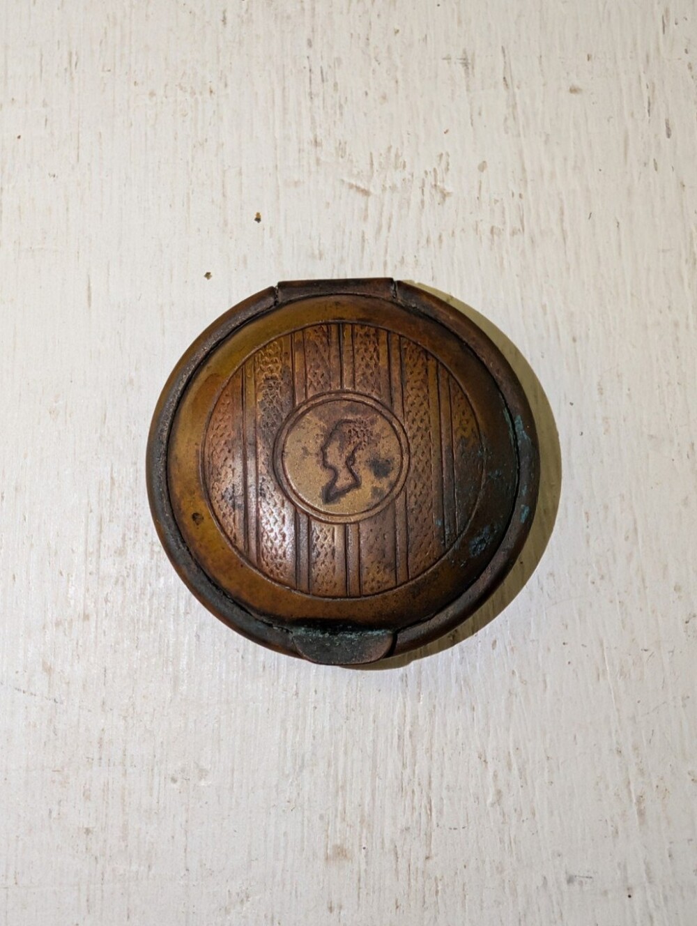 Antique Art Deco 1920s Armand Original Rouge Brass Compact Patent Pompadour Logo